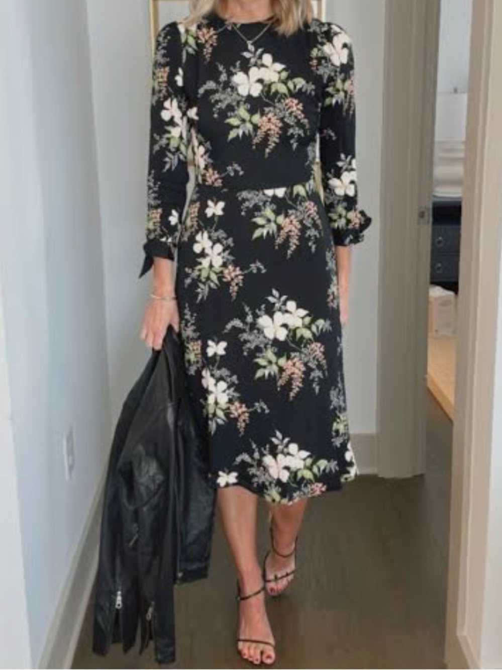 Anthropology Black Floral Midi Dress with Cream & Green florals